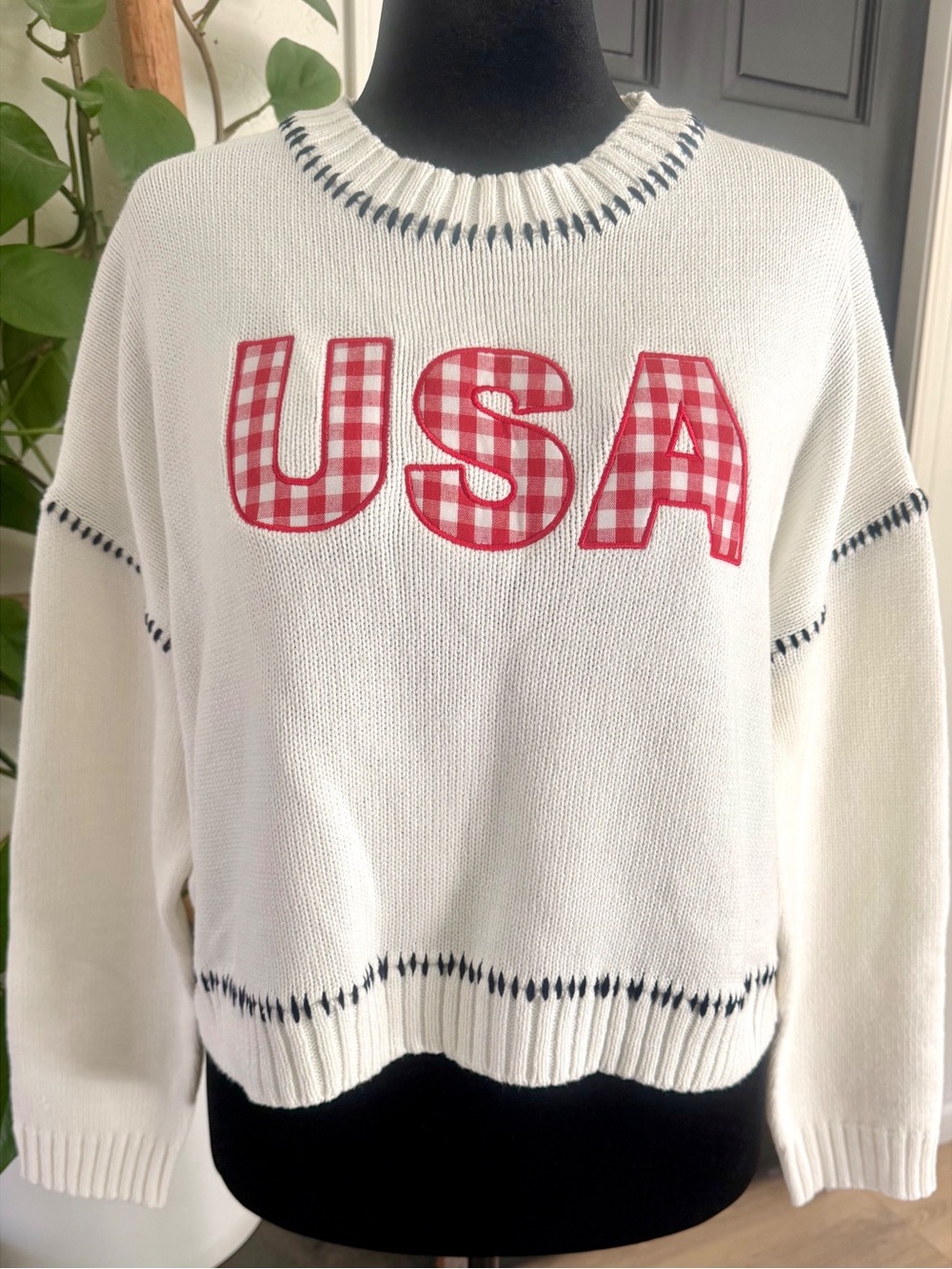 Soho & Stella Cropped Sweater Patriotic USA Red White Blue Preppy Americana Sz L